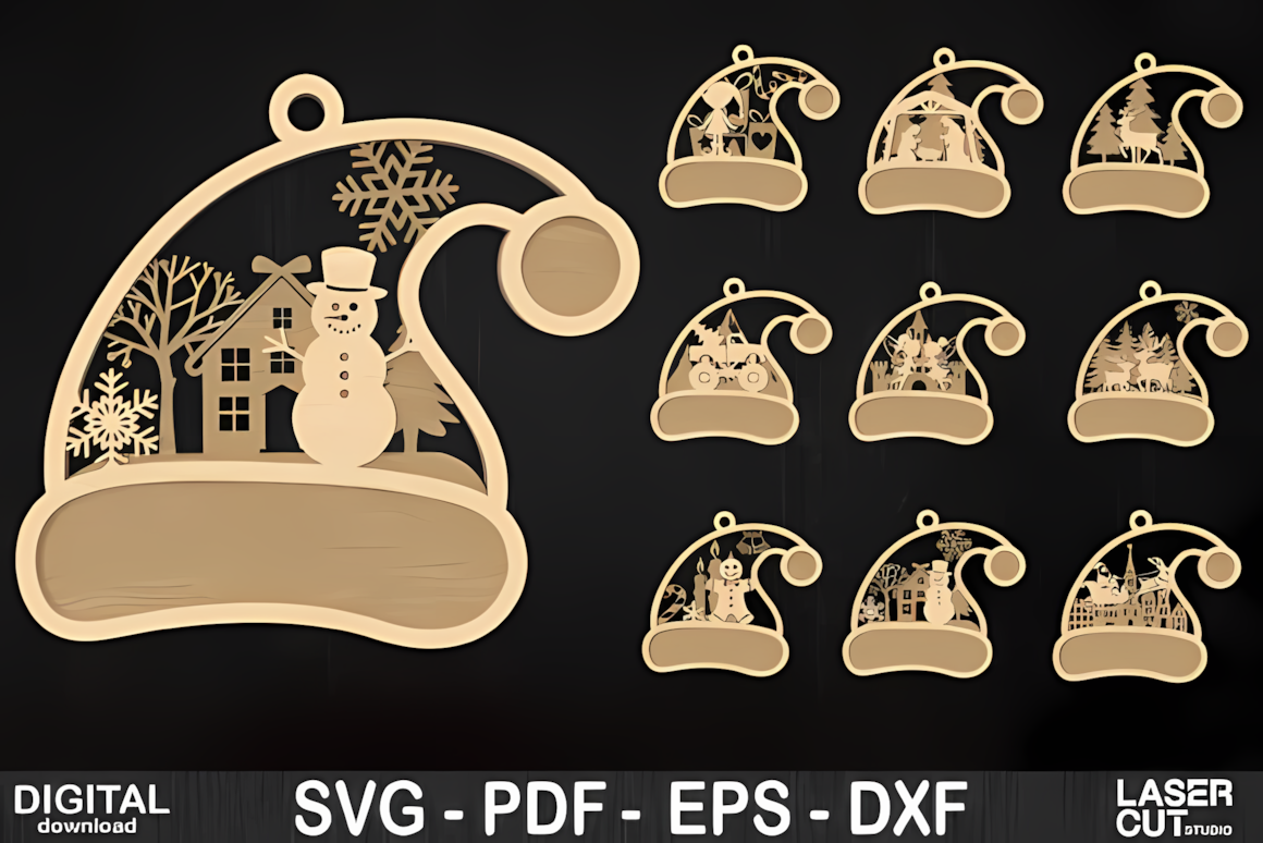 Red felt-style hat shapes in a glowforge christmas ornament set beside pine cones