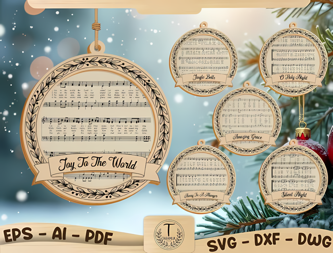 Folded sheet music cutouts with carol notes in a glowforge christmas ornament set