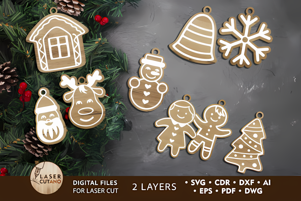 Engraved snowflake and fir branch details from christmas ornament laser cut bundles in natural wood
