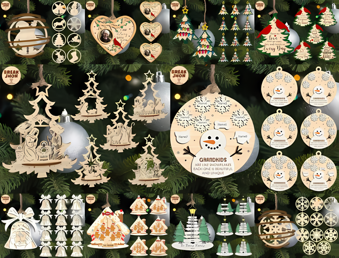 Glowing cottage and pine tree scenes from a 3d wooden christmas ornament pack on a mantel