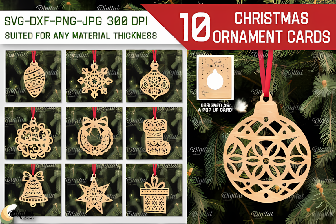 Postcard-shaped wooden tags with holiday greetings in a layered christmas ornament svg bundle