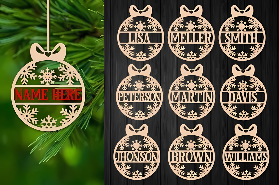 Neatly finished tree ornaments from a 3d wooden christmas ornament pack tied with twine