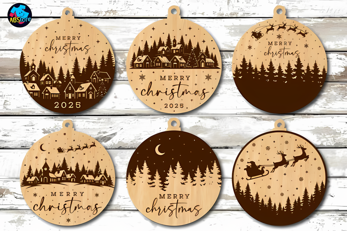 Warm wood tone discs in a layered christmas ornament svg bundle trimmed with red ribbon