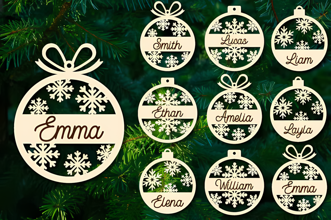 Wooden snowflake and star designs from christmas ornament laser cut bundles hanging on a pine branch