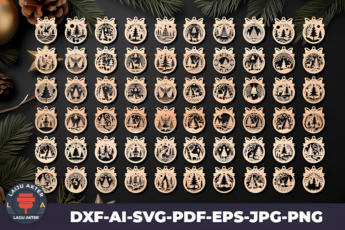 Large assorted wooden shapes from christmas ornament laser cut bundles piled on a craft table