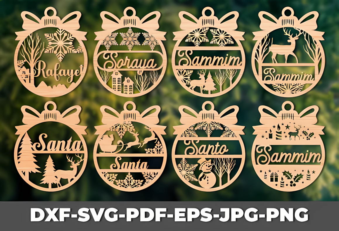 Clean vector cutouts of bells and holly in a laser cut christmas baubles collection