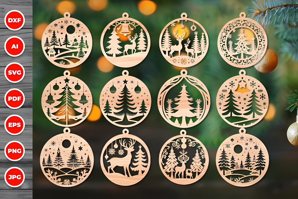 Reindeer, tree and mitten silhouettes from a 3d wooden christmas ornament pack on a holiday table