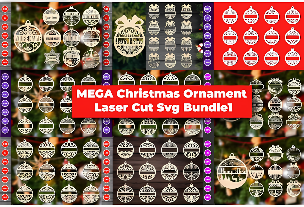 Round tree balls with cut-out patterns arranged in a glowforge christmas ornament set on a white table