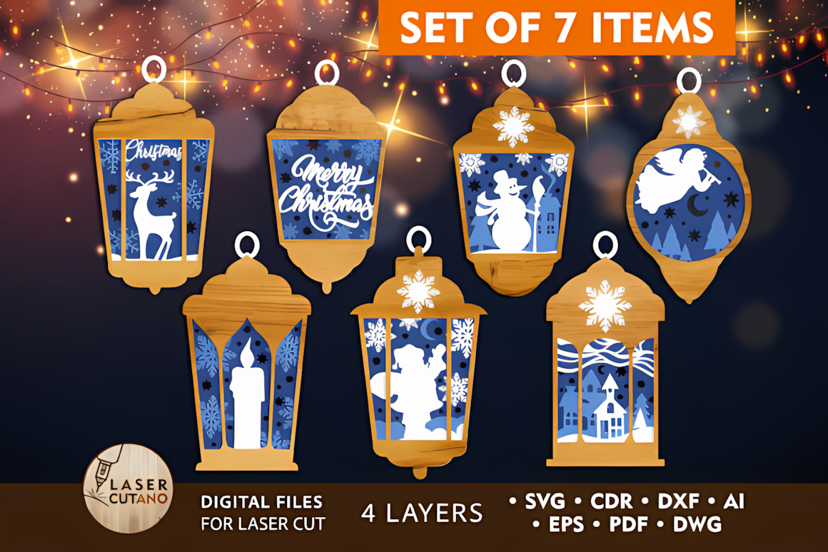 Seven torch-style cutouts shown in a laser cut christmas baubles collection with soft backlighting