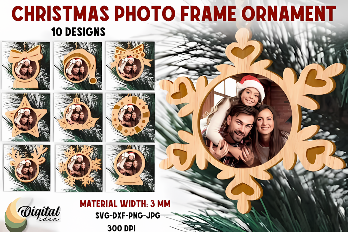 Heart and star shaped frames holding family pictures in a layered christmas ornament svg bundle