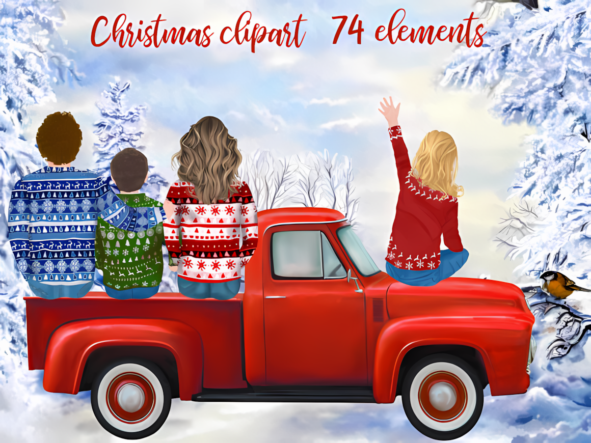 christmas pickup truck clipart showing a happy family on a winter ride