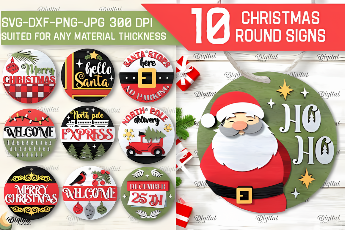 christmas round sign laser cut bundle of ten 3d wall decorations