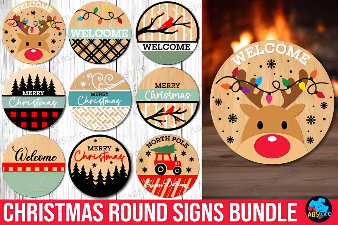 christmas round sign svg bundle shown as cut wooden discs with festive wording
