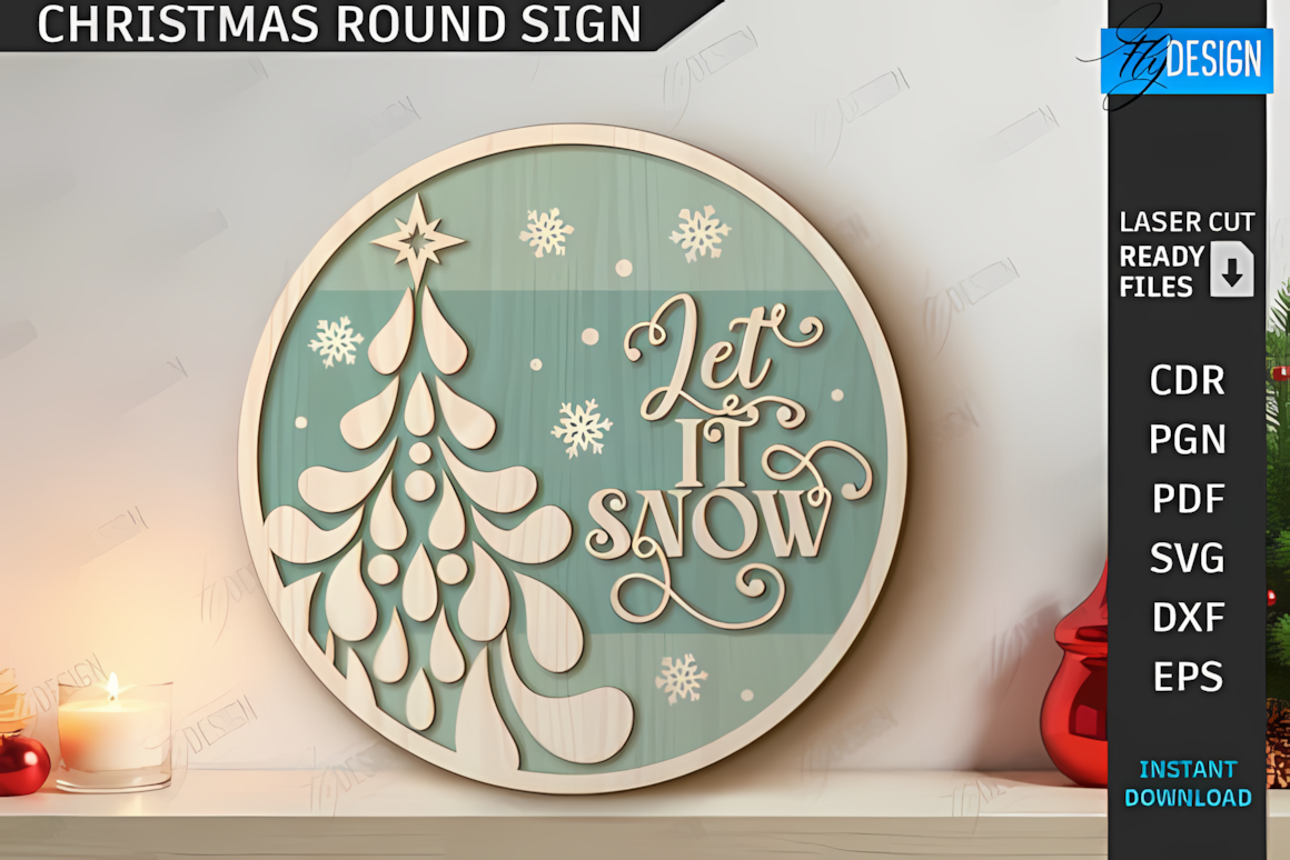 christmas round sign laser cut with red cut and black engrave paths