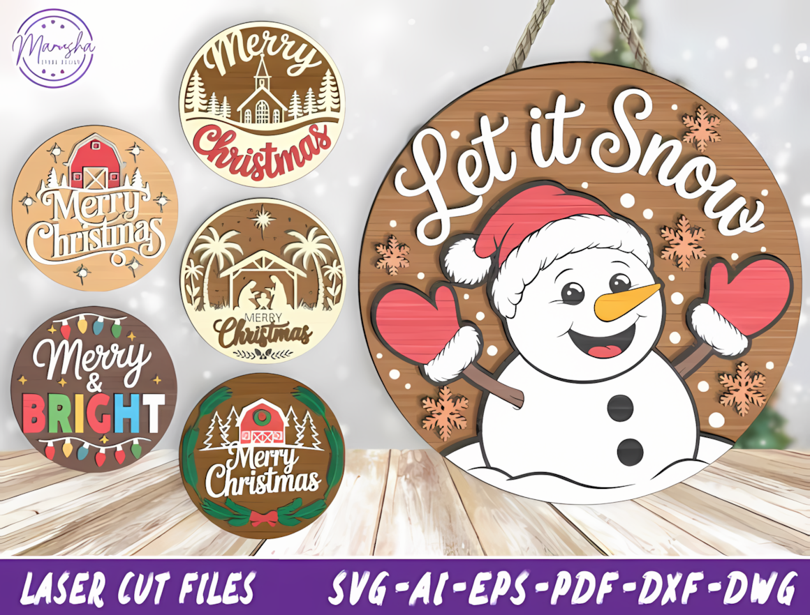 christmas round sign svg bundle with laser ready layered holiday art