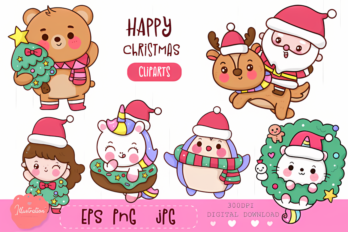Santa with a magical unicorn cat and sparkling stars in kawaii christmas clipart for greetings
