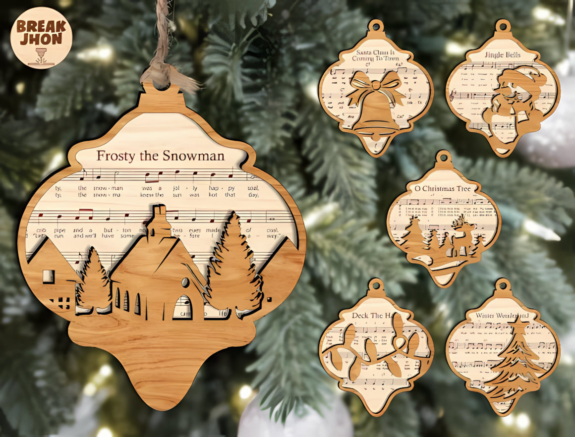 Treble clef and musical note cutouts in a glowforge christmas ornament set for festive tree decor
