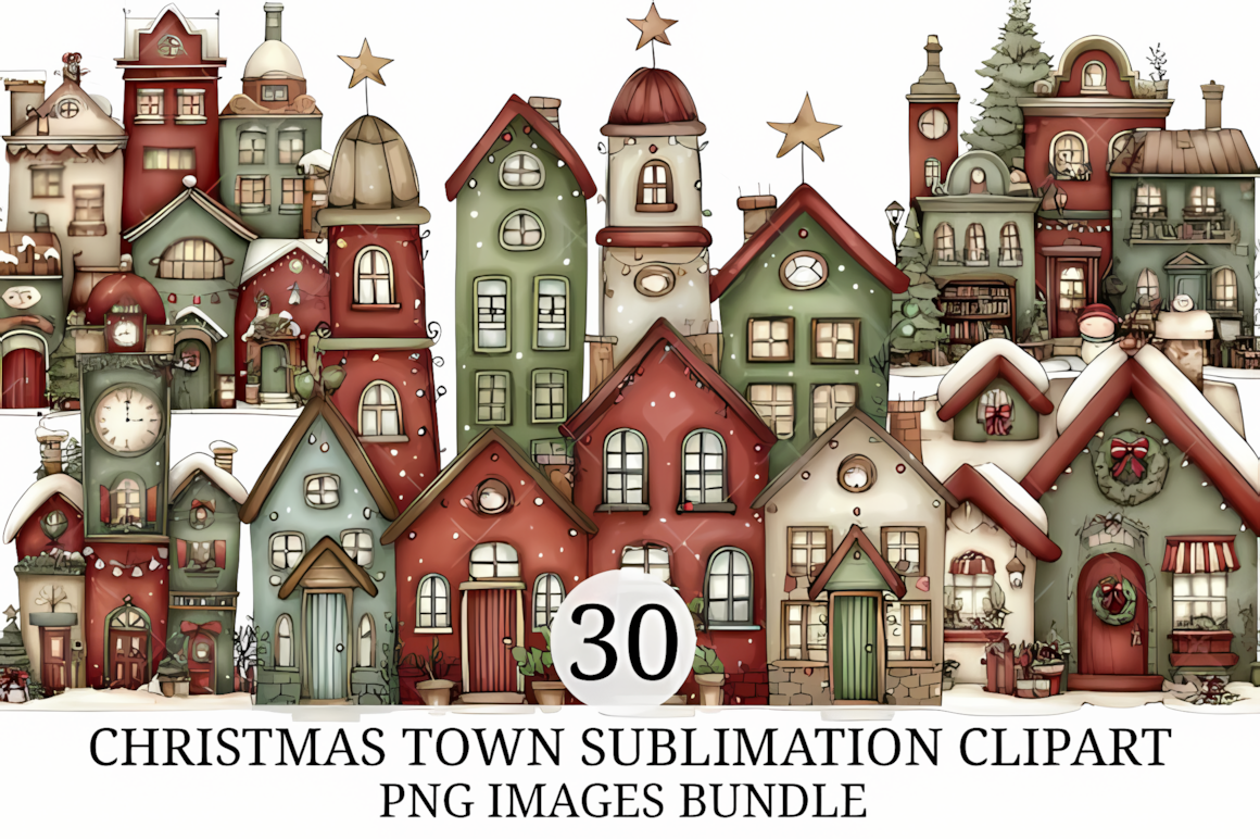 christmas town sublimation clipart with watercolor village graphics