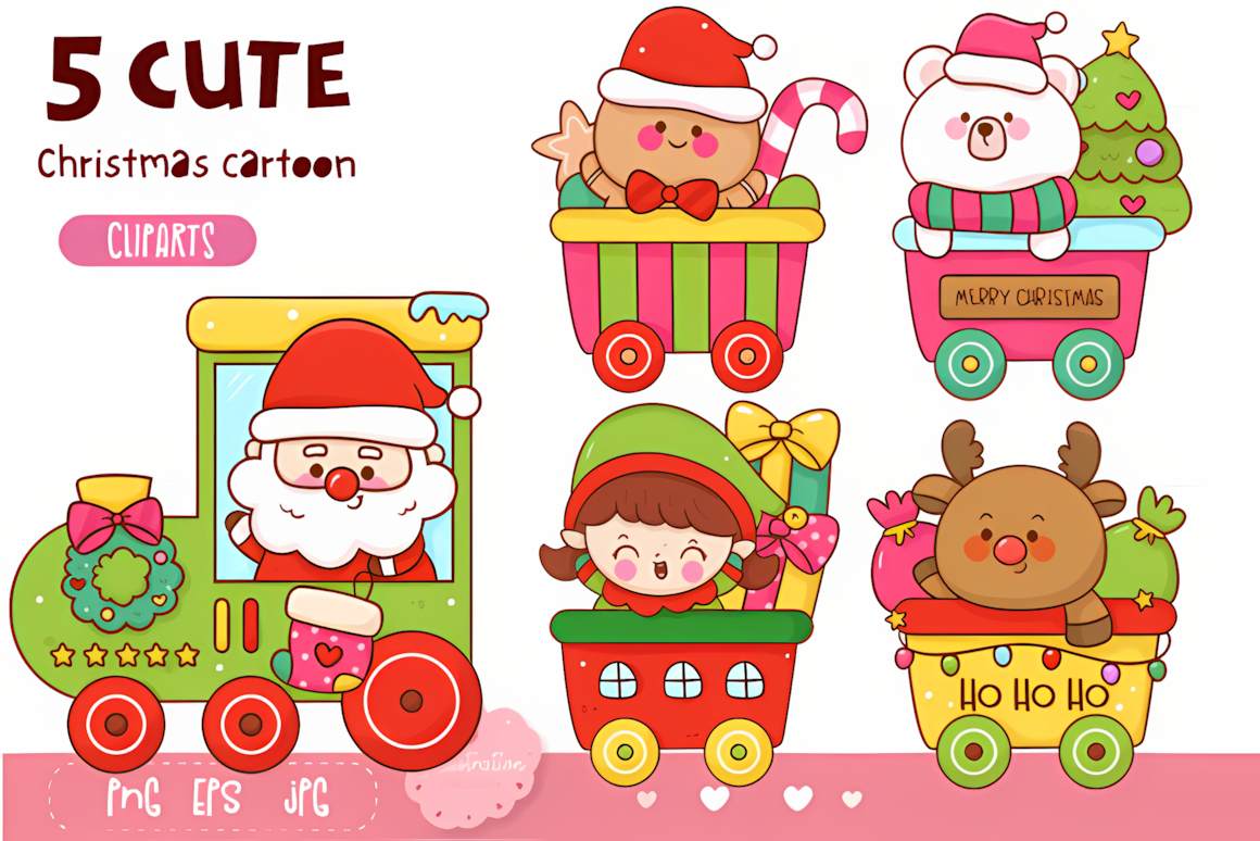 Steam train carrying presents and Santa through a snowy village in kawaii christmas clipart