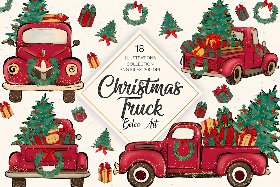 christmas truck png transparent background with 18 print ready designs