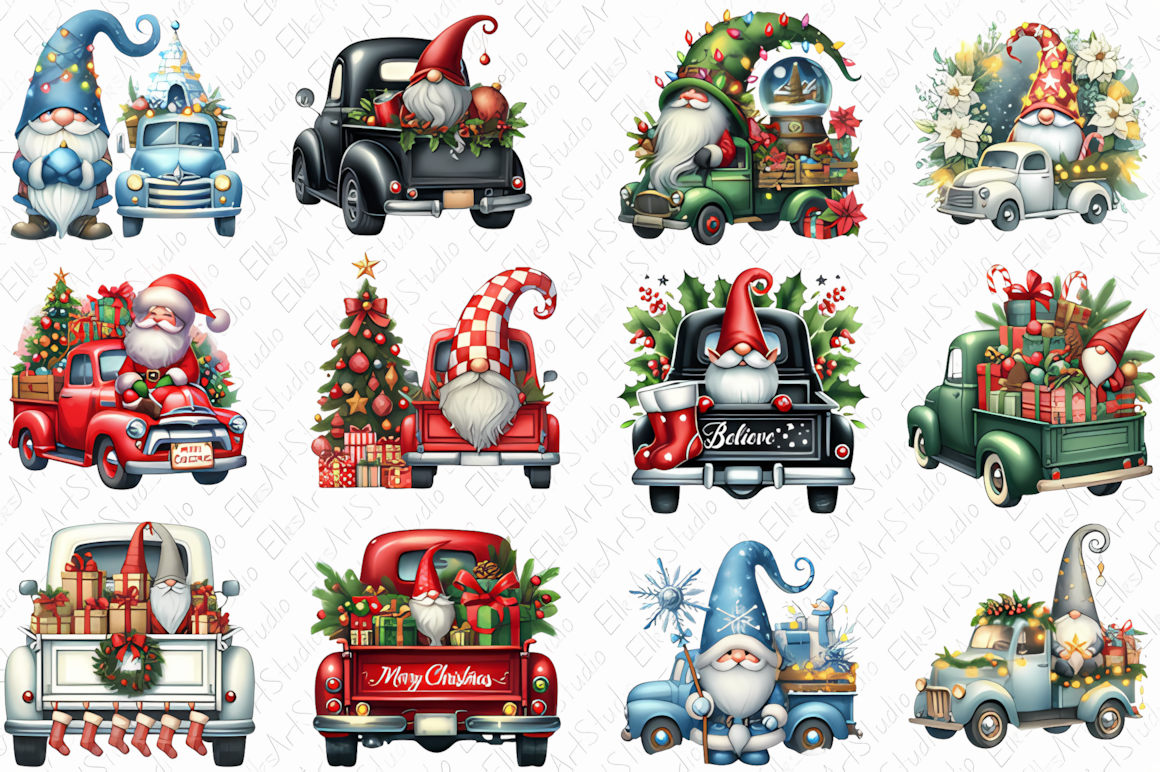 set of 13 christmas gnome truck clipart designs with playful riders
