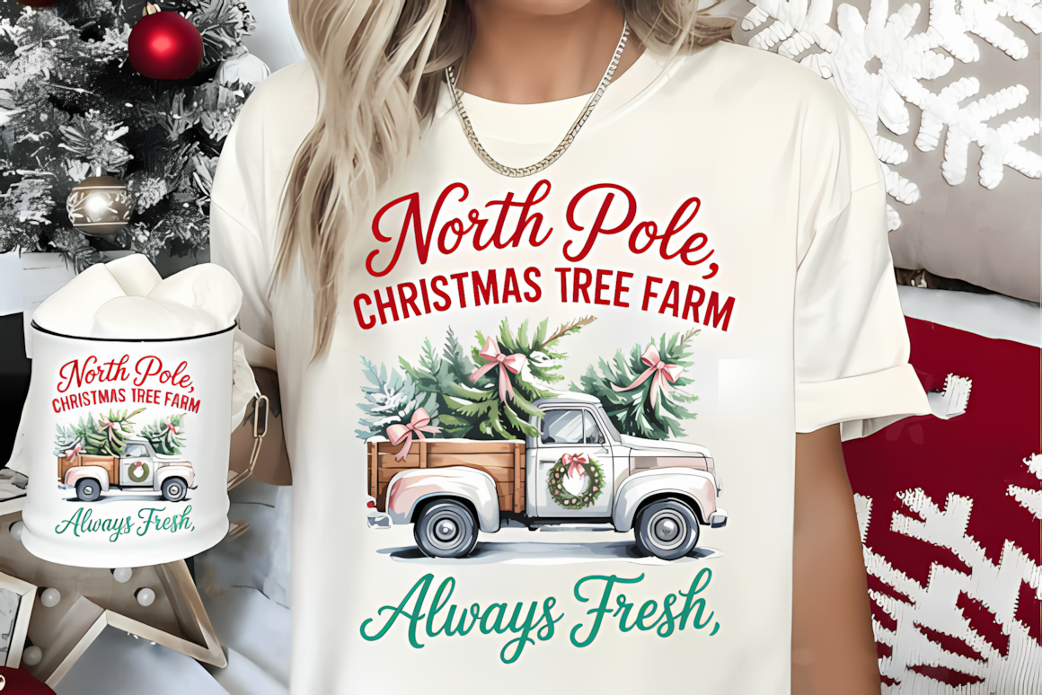 vintage red christmas truck png loaded with trees at a snowy north pole farm