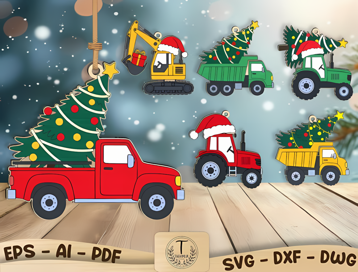 Vintage pickup truck carrying a tree in a 3d wooden christmas ornament pack