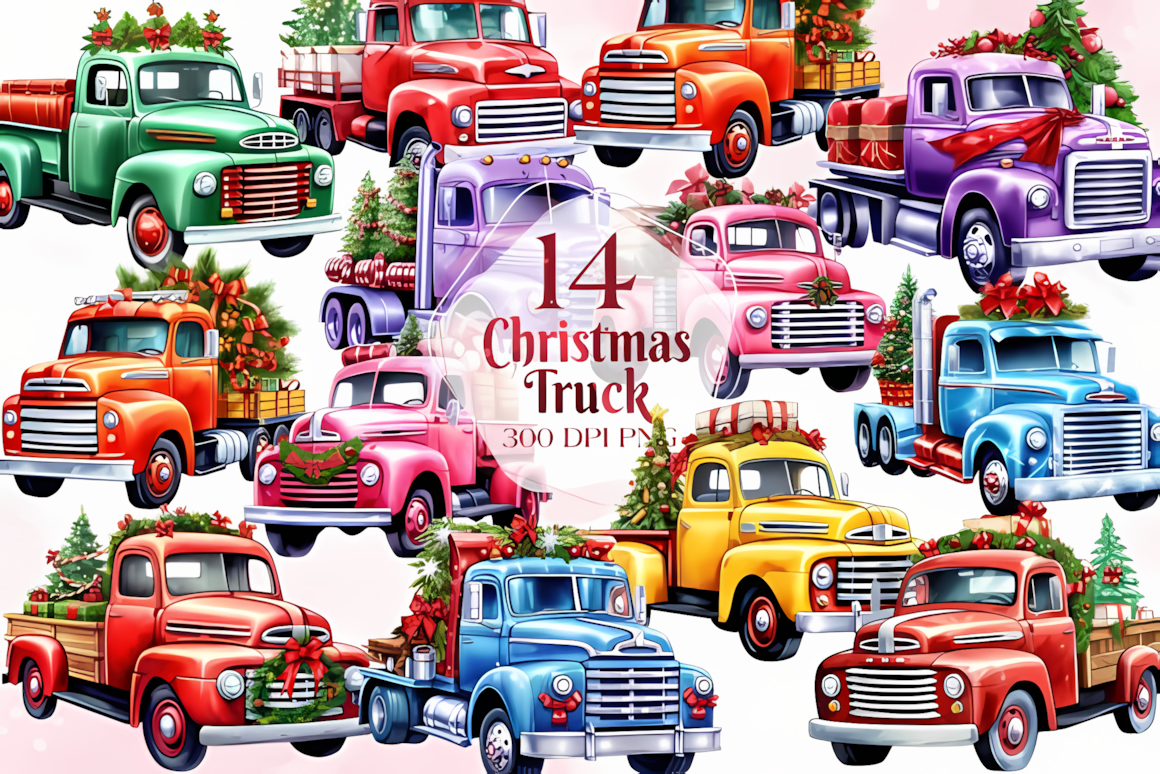 christmas truck png transparent background with 14 watercolor illustrations