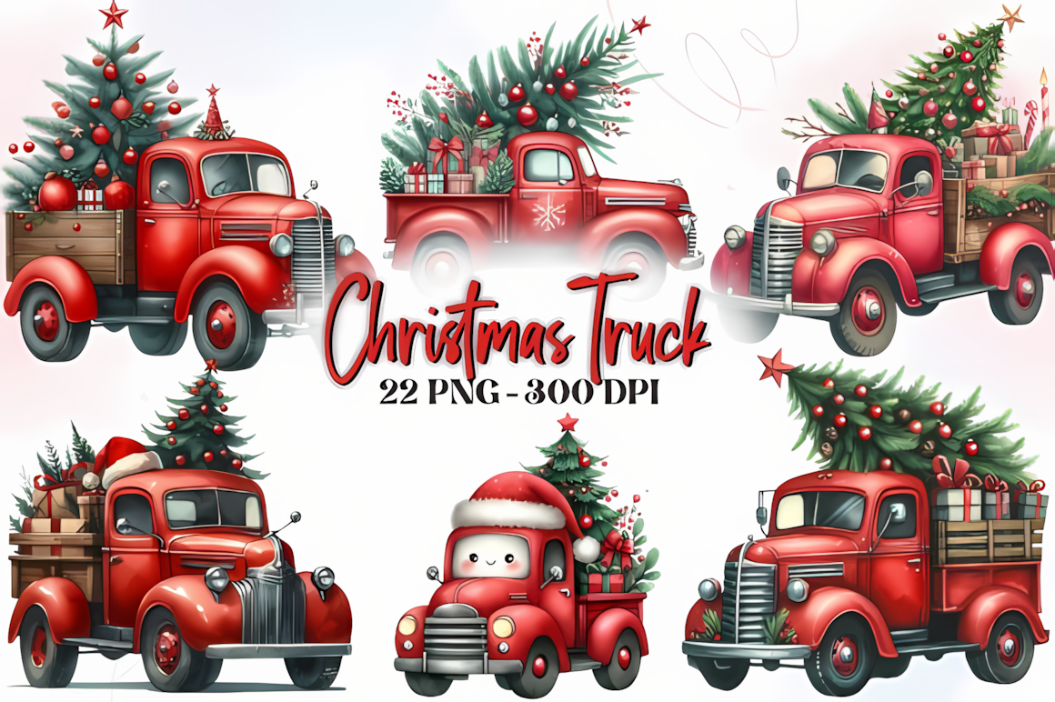 soft watercolor christmas truck clipart collection with 22 festive elements