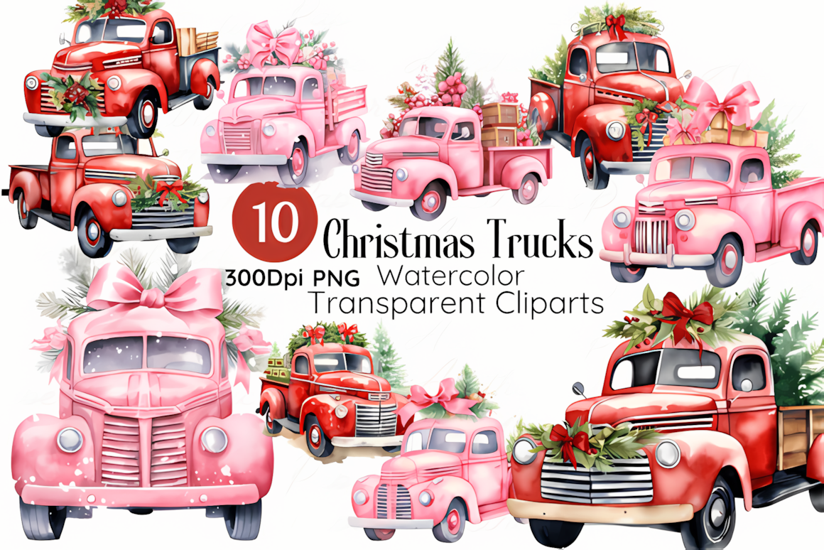 christmas truck clipart pack of ten watercolor pngs for planners