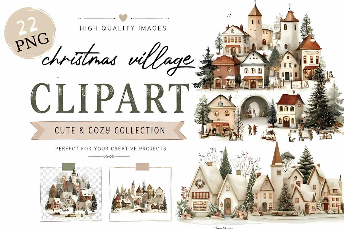 christmas village clipart bundle with watercolor village graphics