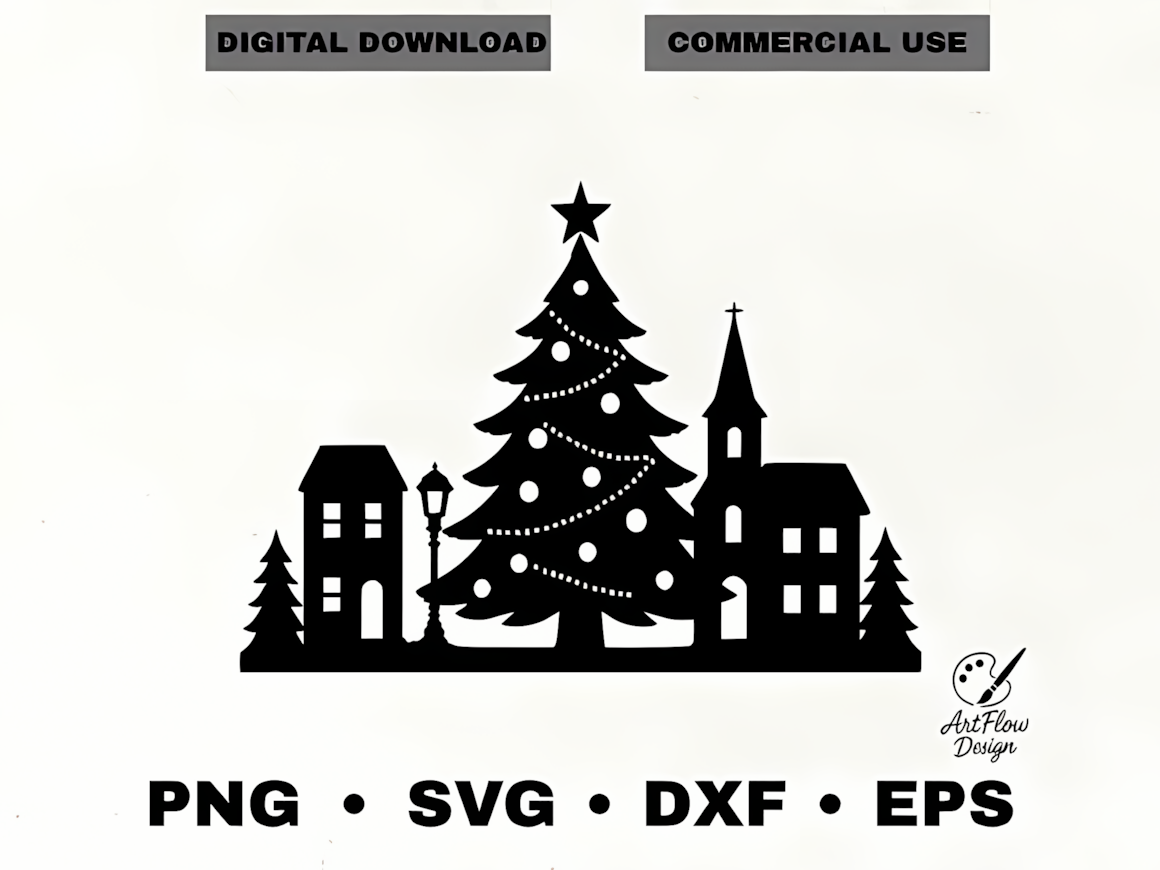 christmas village tree svg and town landscape design assets