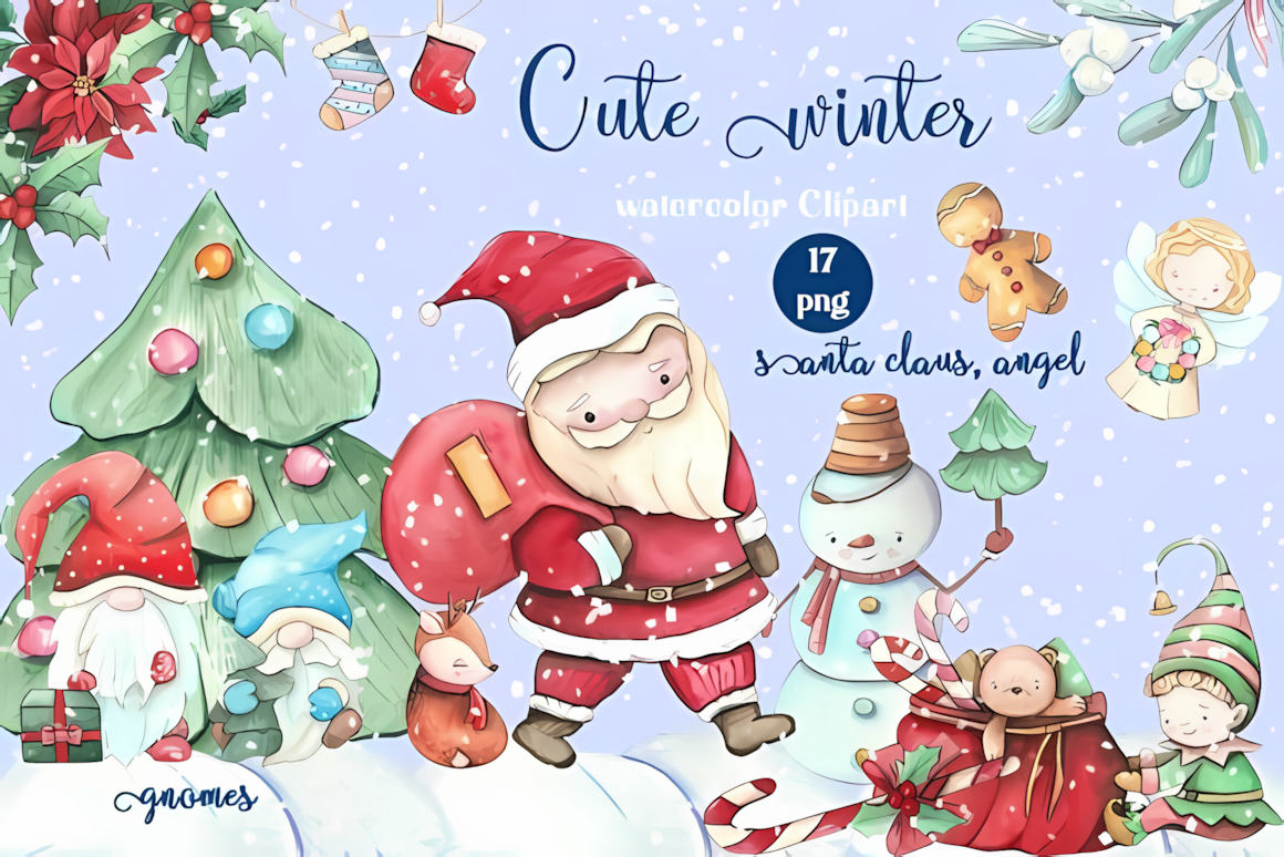 Sweet Santa and poinsettia in pink, red and green from a watercolor cute christmas png set
