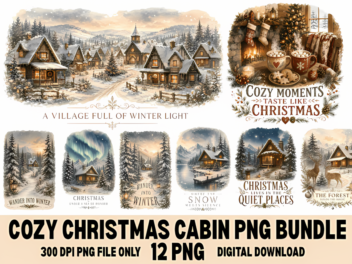 cozy christmas cabin png bundle with winter holiday elements