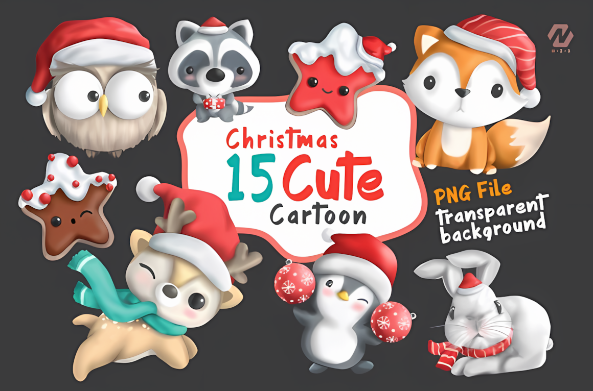 Fifteen cartoon animals in holiday outfits from a cute christmas clipart collection with transparent backgrounds
