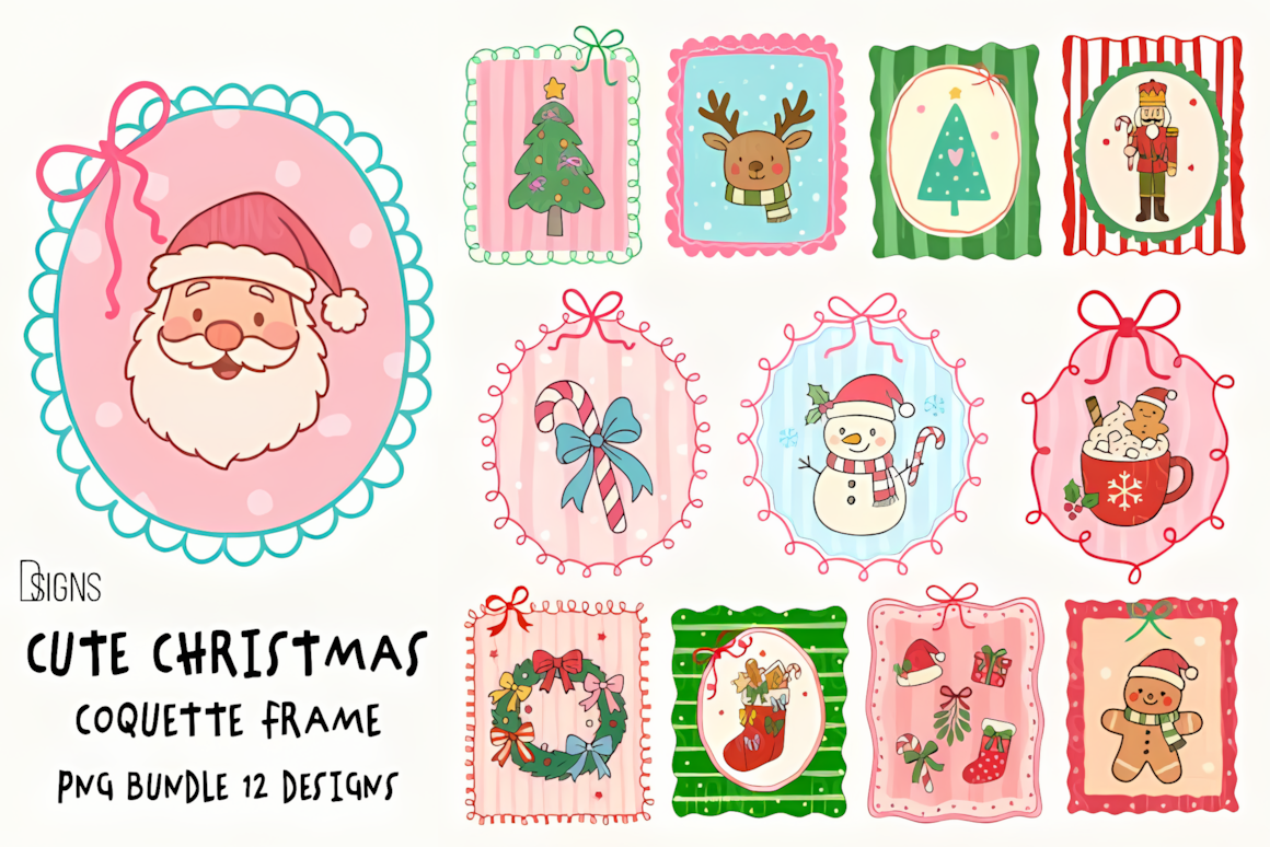 Pastel pink and teal scalloped frame with a ribbon bow in boho coquette christmas clipart