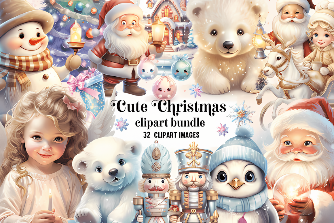 Pastel Santas, snowmen, angels and polar bears in a watercolor cute christmas png pack of 32 images