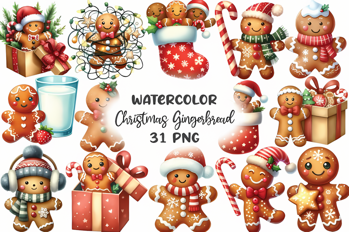 Thirty-one gingerbread cookies at 3600×3600 pixels in cute christmas clipart for sublimation