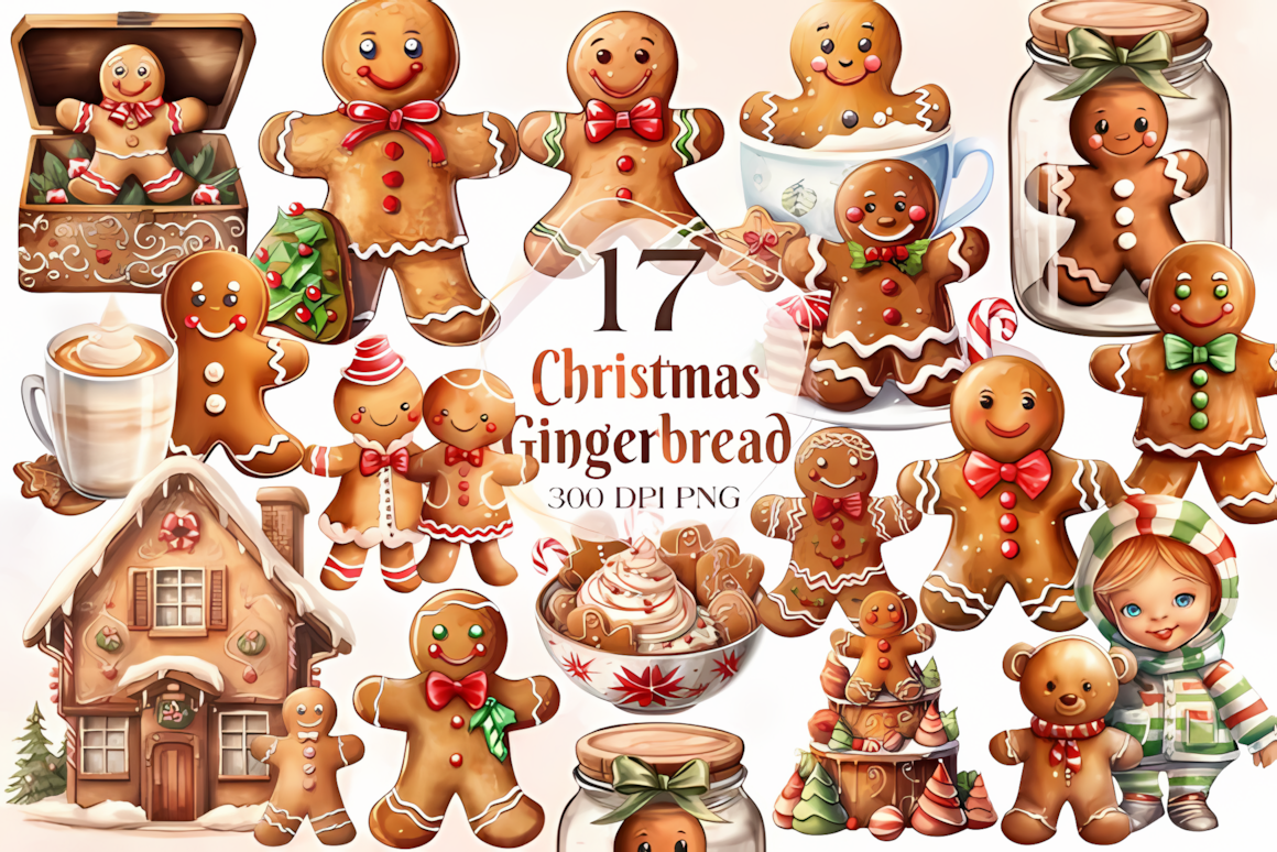 Smiling gingerbread man with icing details in cute christmas clipart at 3000×3000 pixels