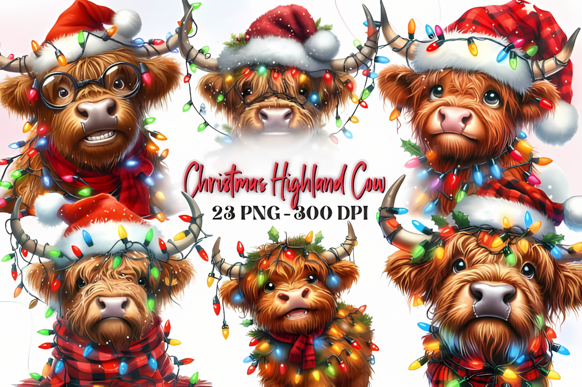Fluffy calf with long bangs and festive styling in cute highland cow christmas clipart on a transparent background