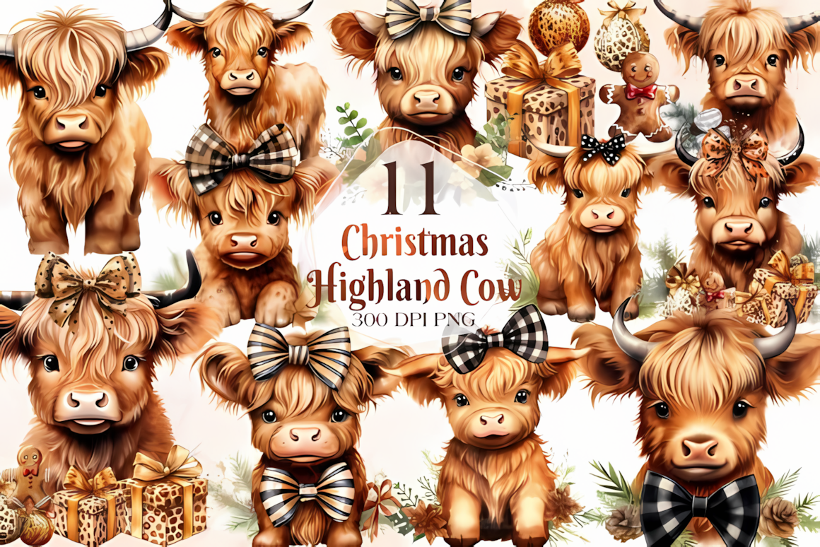 Shaggy baby calf decorated with holly in cute highland cow christmas clipart for apparel prints