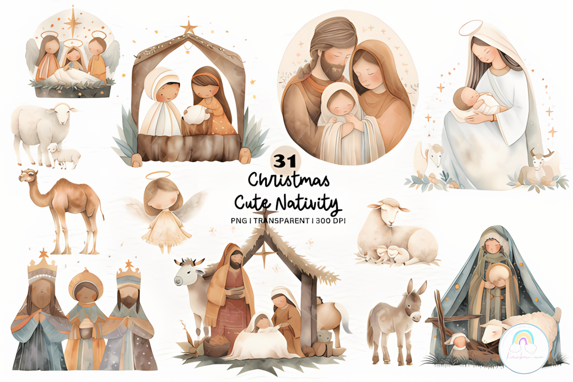 Holy family figures and a stable in a cute christmas clipart nativity scene of 31 transparent PNGs