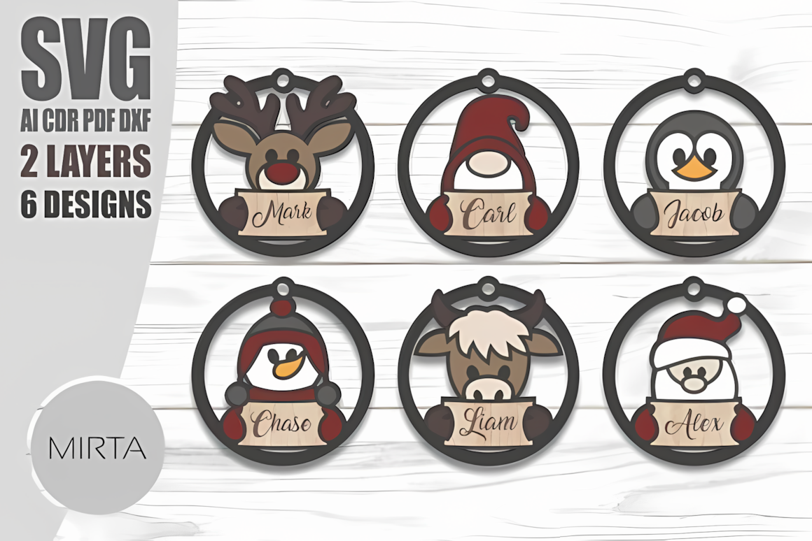 Tiny snowman and penguin figures in a laser cut christmas baubles collection with name tag spaces