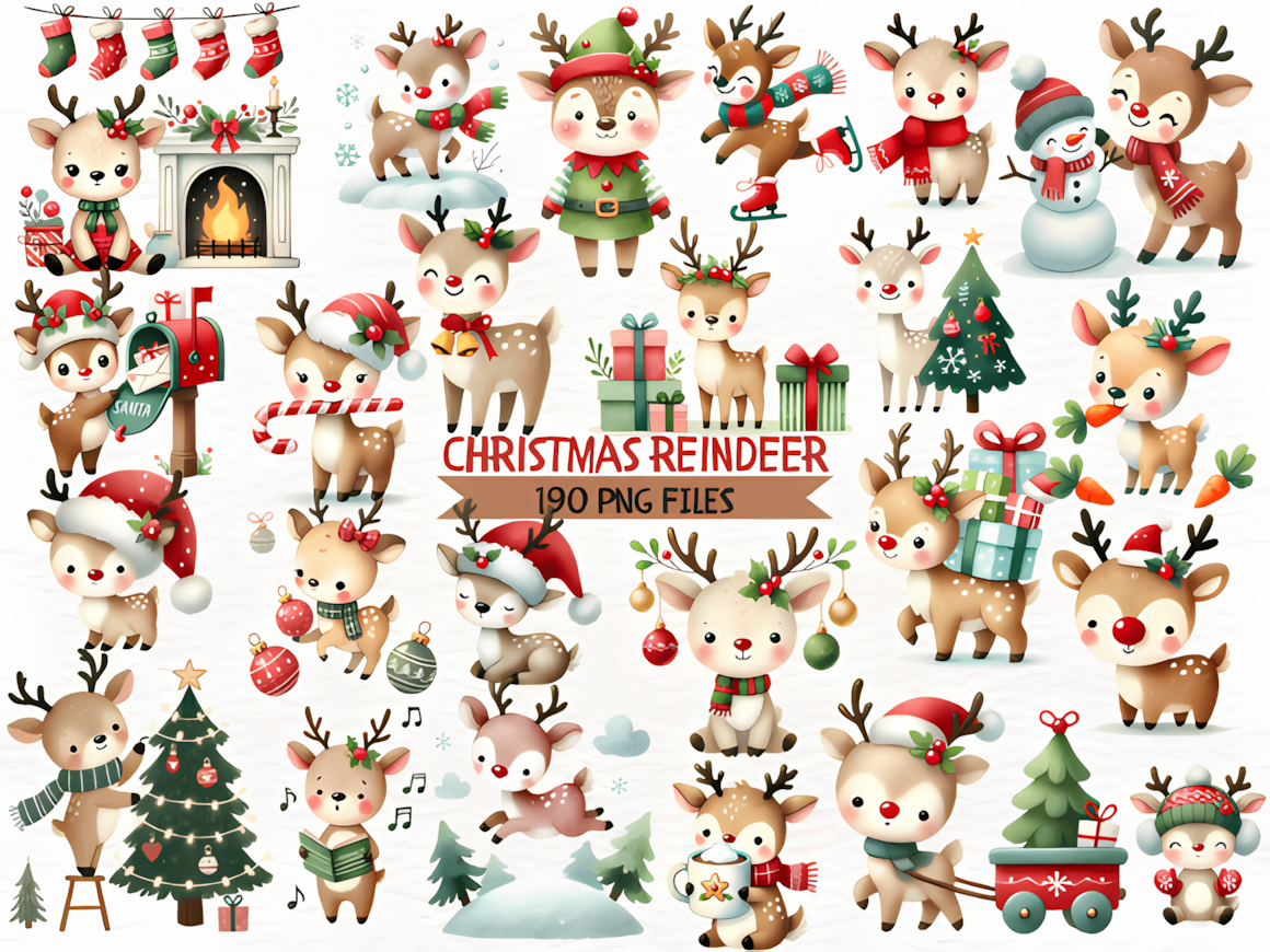 Painted antlered faces among 190 designs in a cute christmas reindeer clipart library