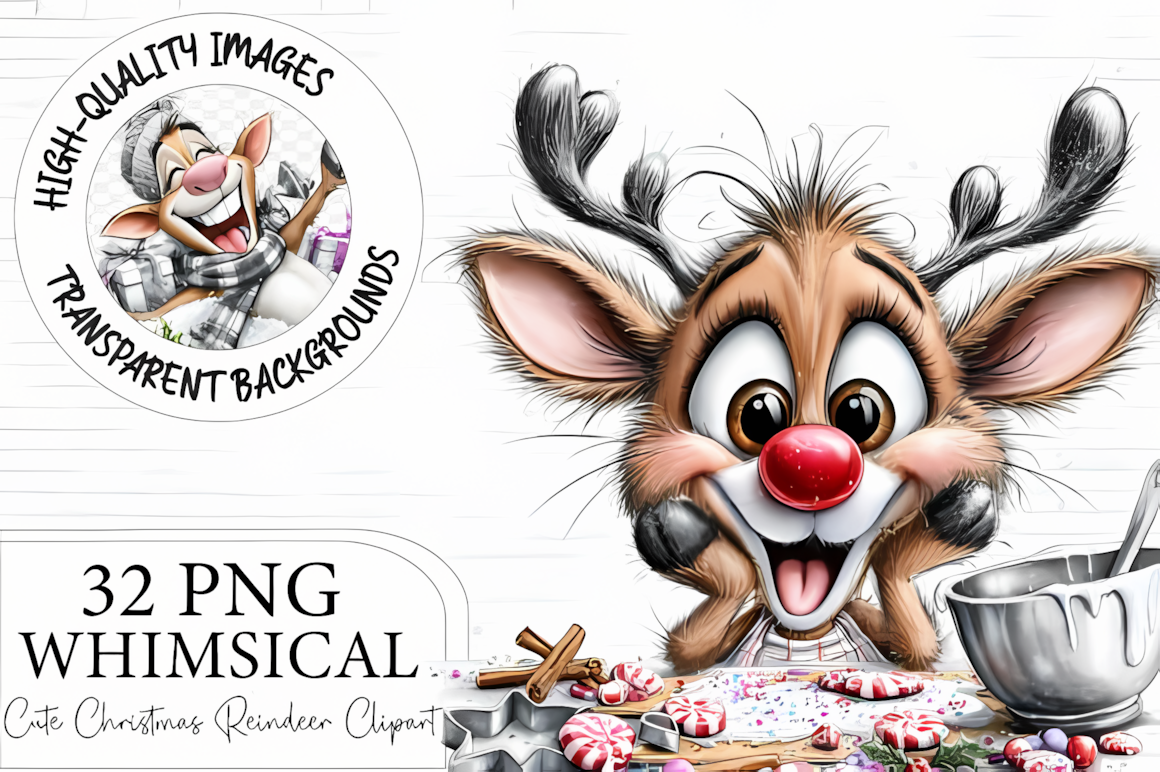 Fluffy reindeer with oversized eyes, candy canes and snow globes in a cute christmas reindeer clipart bundle