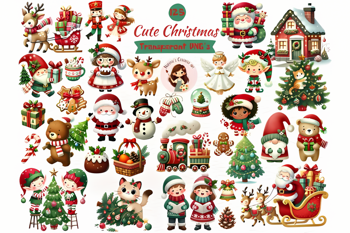 Over one hundred painted holiday illustrations in a watercolor cute christmas png library at 4000 px