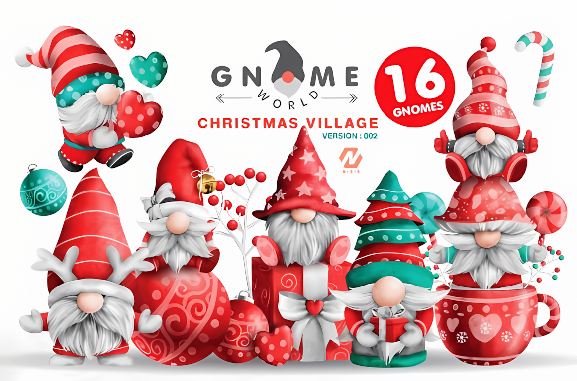 Sixteen costumed gnomes in a snowy village from a cute christmas clipart bundle with pre-made compositions