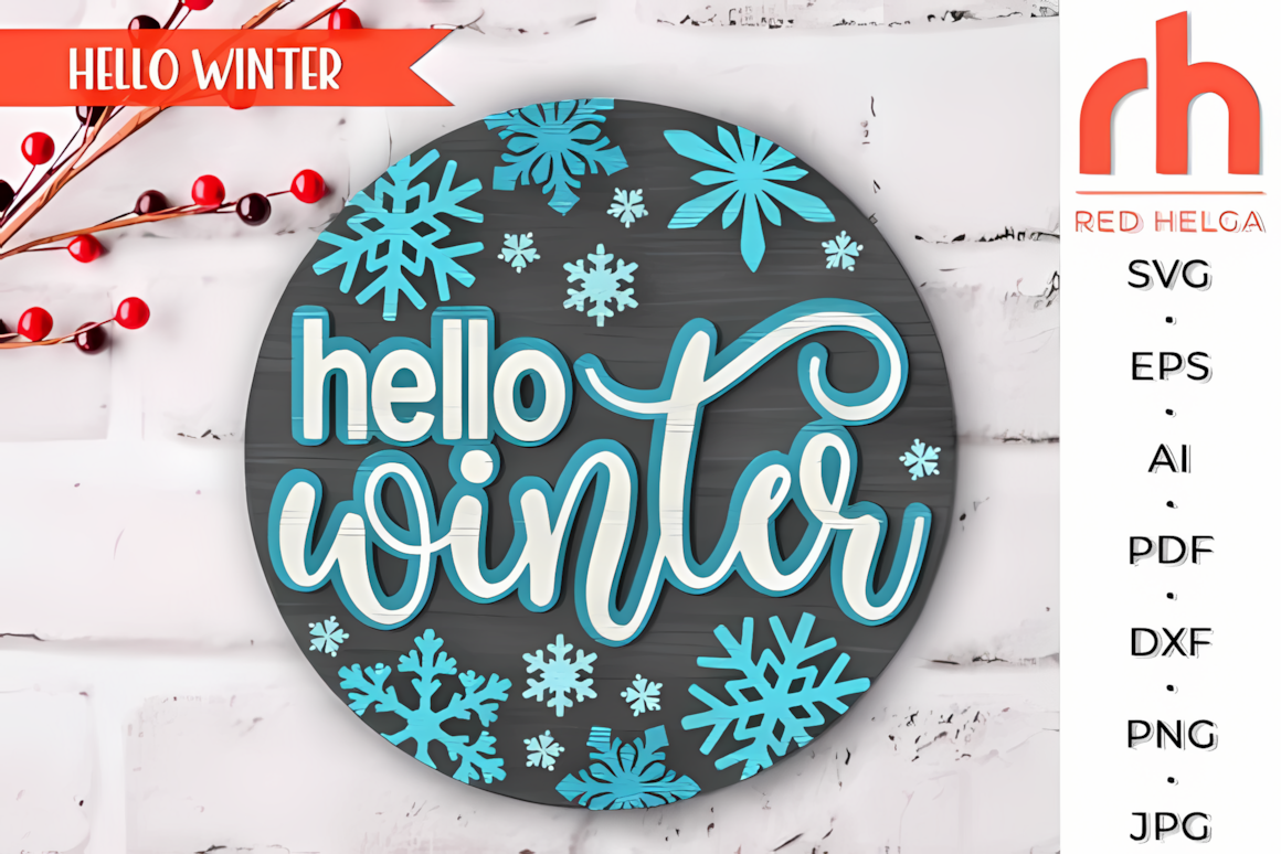 Stacked layers of snowflakes and tree silhouettes forming a layered winter door sign svg on a dark wall