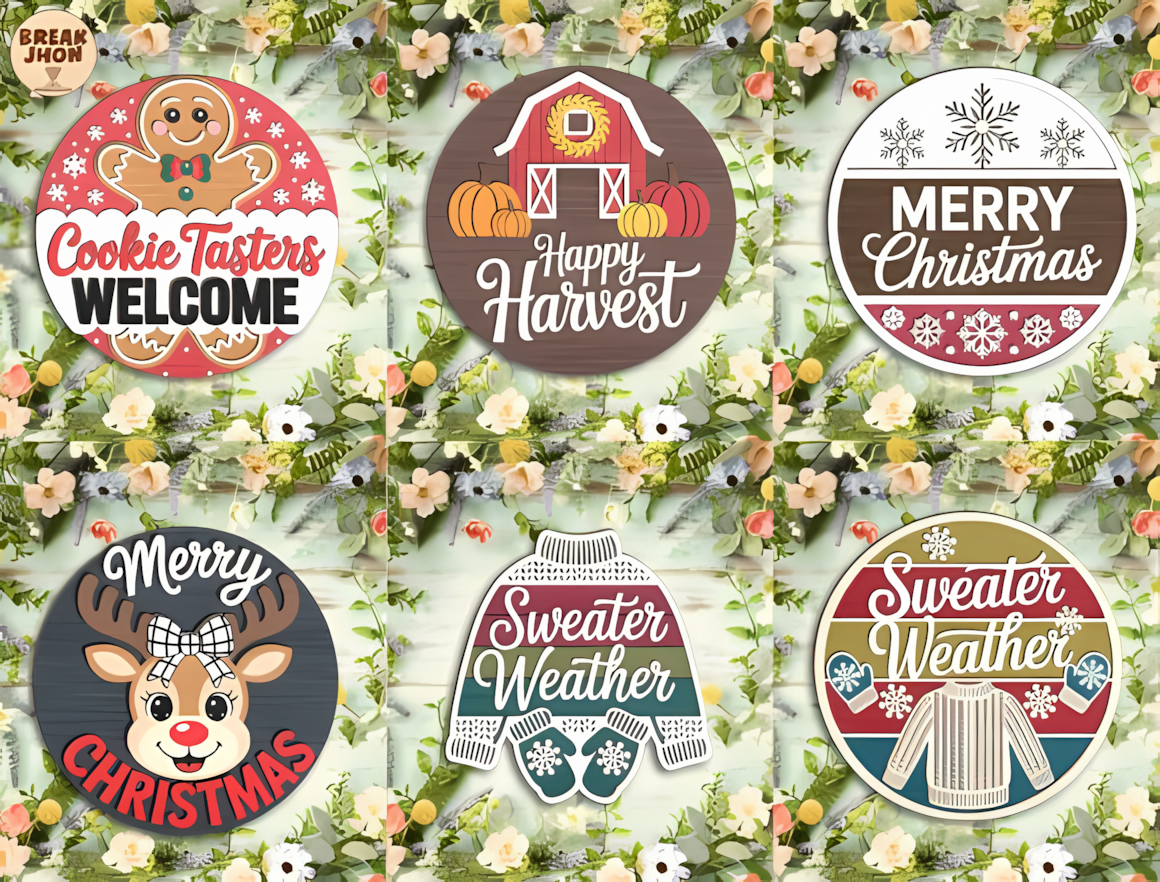 Set of round plaques with swappable inserts for each month in a winter sign laser cut collection