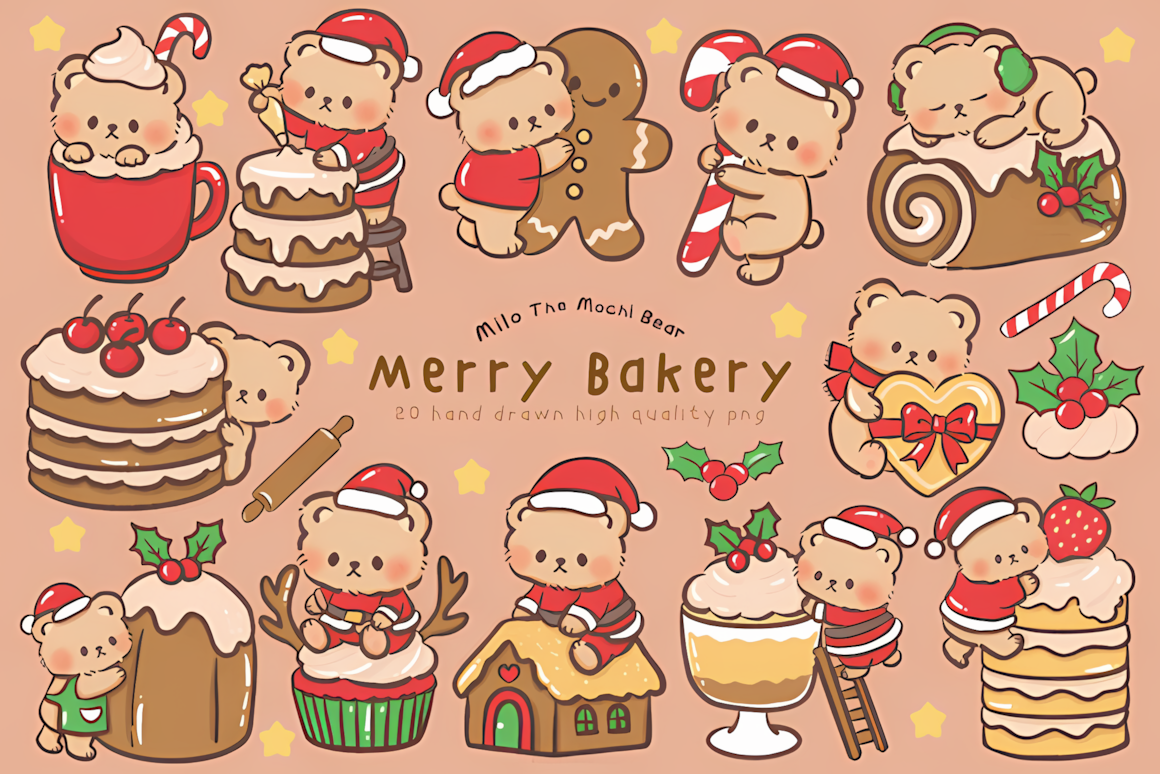 Round mochi bear holding a tray of fresh treats beside kawaii gingerbread clipart cookies